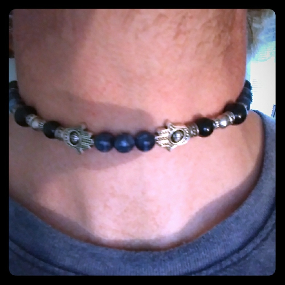 Obsidian/ Blue Agate Hamsa Necklace/ Bracelet